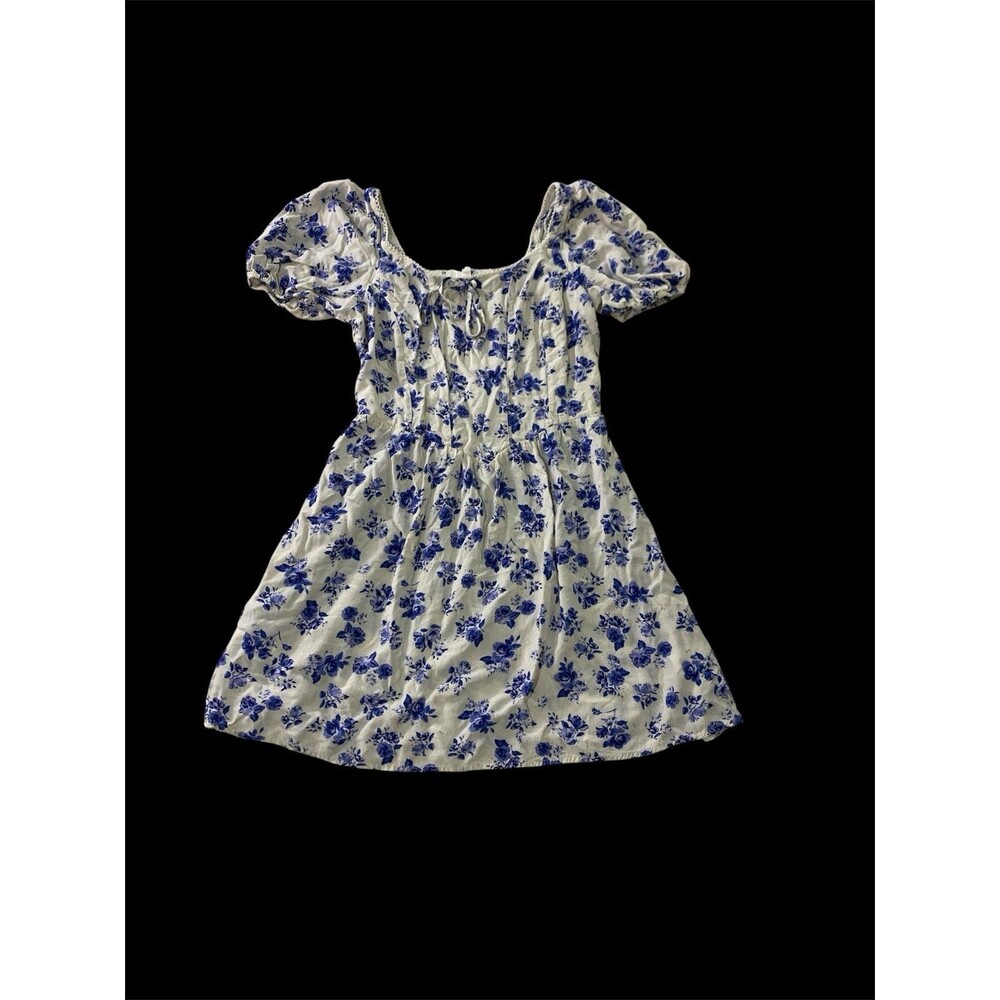 June & Hudson Womens S Dress Blue White Floral Puff Sleeve Smocked Mini Chic
